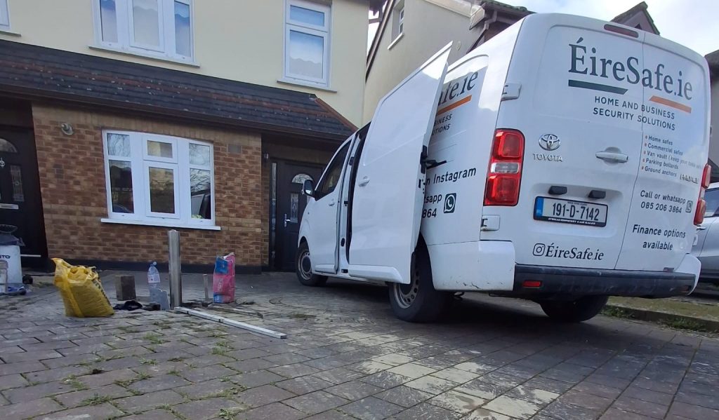 ÉireSafe service van offering home safes, commercial safes, and driveway security bollard installations.